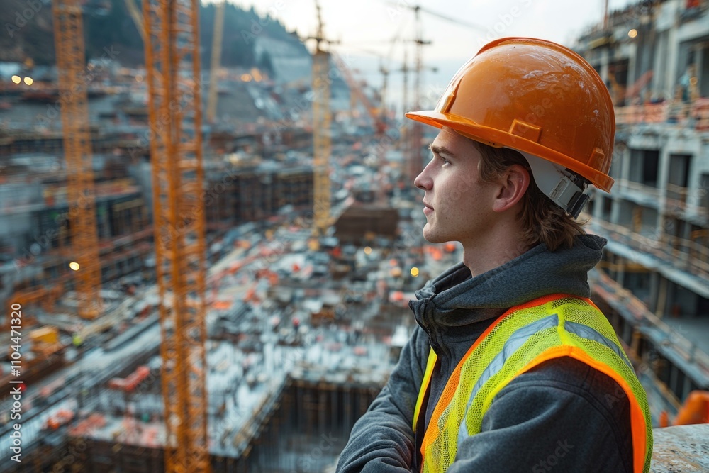  Engineer in safety gear overseeing large construction site with cranes, embodying modern professional challenges