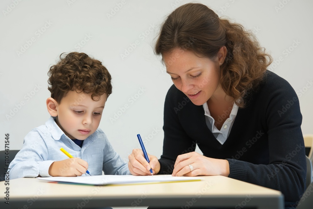 Teacher helps boy write at table in classroom. Child and teacher focus on task. Education scene shows support and learning. School setting indoor. Learning moment in early childhood. Teacher helps boy write at table in classroom. Child and teacher focus on task. Education scene shows support and learning. School setting indoor. Learning moment in early childhood.