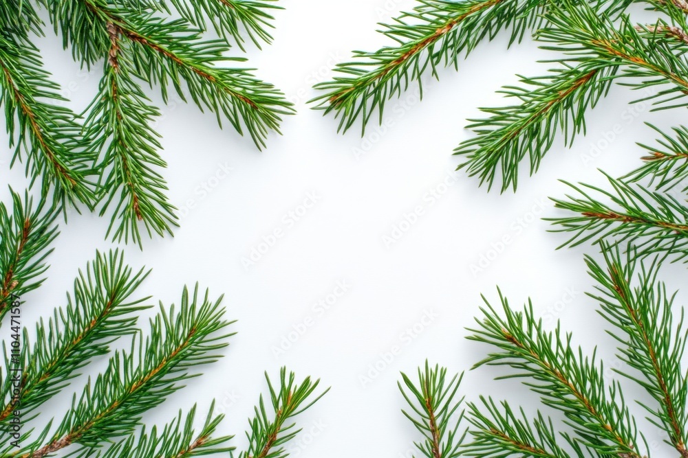 A white, blank paper sheet with pine tree branches framing the sides, in a flat lay perspective Generative AI A white, blank paper sheet with pine tree branches framing the sides, in a flat lay perspective Generative AI