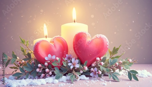 Flaming heart-shaped candles, a passionate symbol of love, devotion, and bliss. Ideal for Valentine's Day, Flower Basket Day, or any celebration of affection. Versatile background, social media, card