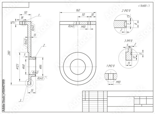 Vector mechanical part of machine - bracket.
Engineering assembly drawing of steel device
with dimension lines. Industrial technic 
cad scheme on white paper sheet. Machined tool. 