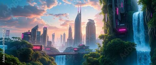 Futuristic Cityscape Sunset with River