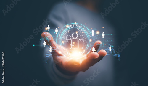 Customer relationship management concepts, Businessman holding human resources icon in global network structure, Global structure customer network technology, Customer service, Online marketing.