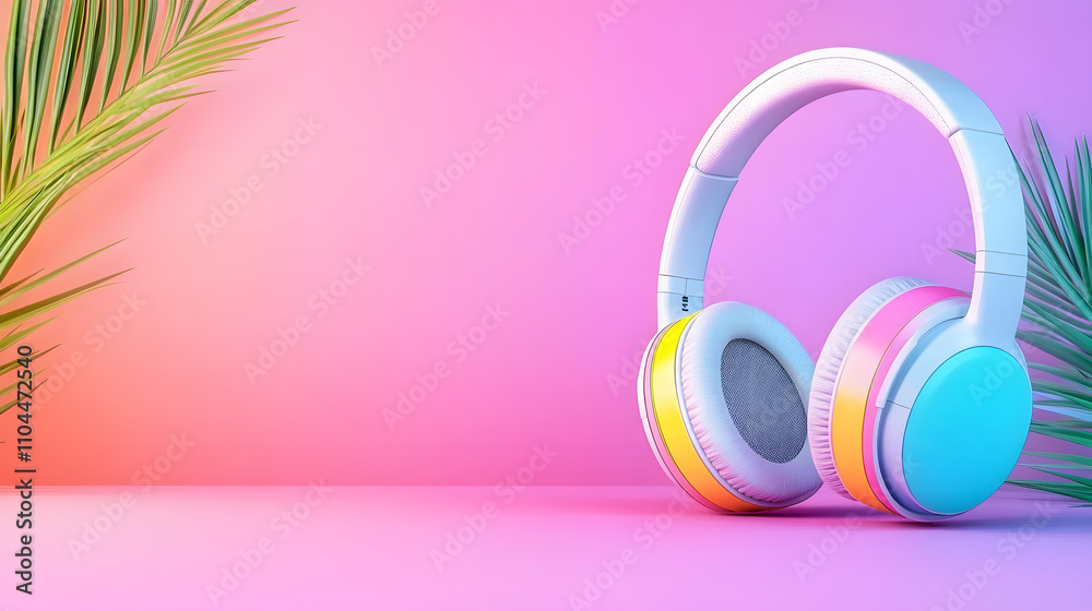 Vibrant Pastel Headphones Resting on a Colorful Backdrop With Tropical Leaves Nearby Vibrant Pastel Headphones Resting on a Colorful Backdrop With Tropical Leaves Nearby
