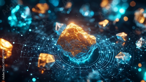 A dark background showcasing glowing pieces of lithium, cobalt, and nickel ore, arranged in a radiant circle with faint digital lines connecting them, symbolizing their role in high-tech industries