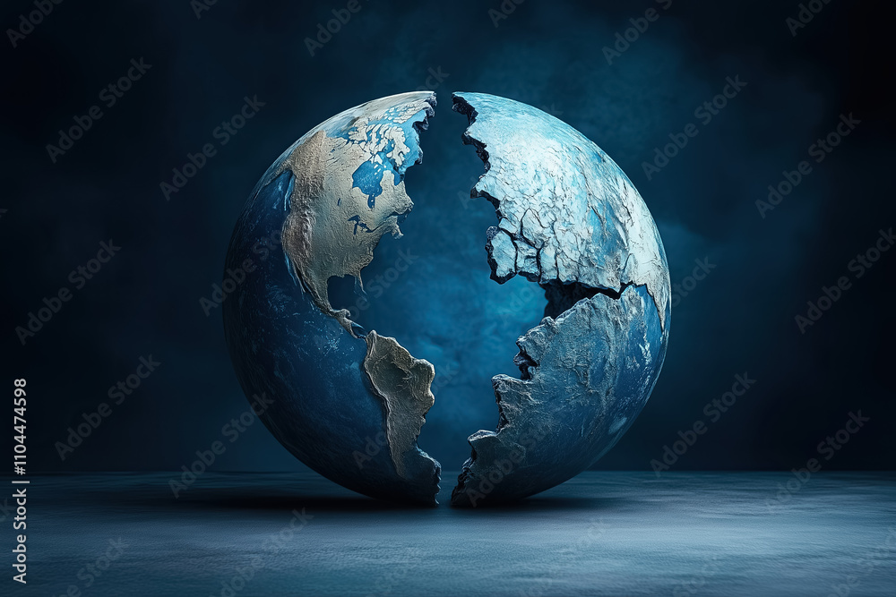 A globe appears split in two, symbolizing human isolation and division amid a dark, moody atmosphere A globe appears split in two, symbolizing human isolation and division amid a dark, moody atmosphere