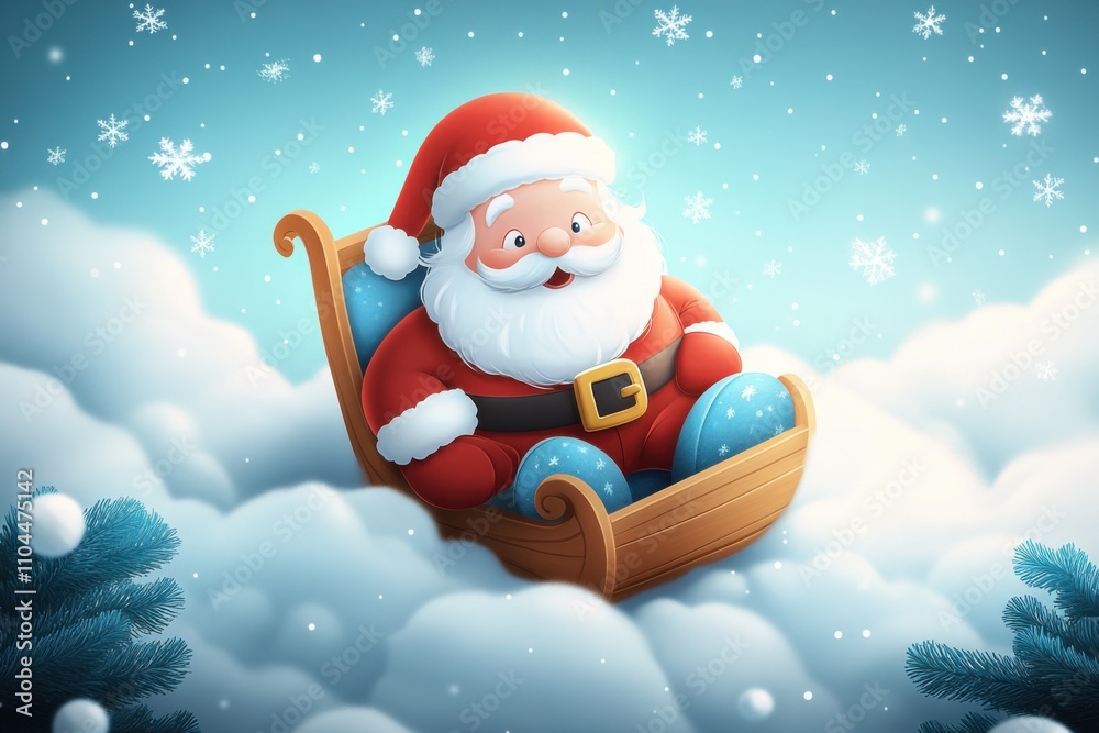 Cartoon Santa Claus is flying on a sledge through the snow-covered sky. Bright colors and positive atmosphere make this image perfect for creating holiday design Cartoon Santa Claus is flying on a sledge through the snow-covered sky. Bright colors and positive atmosphere make this image perfect for creating holiday design