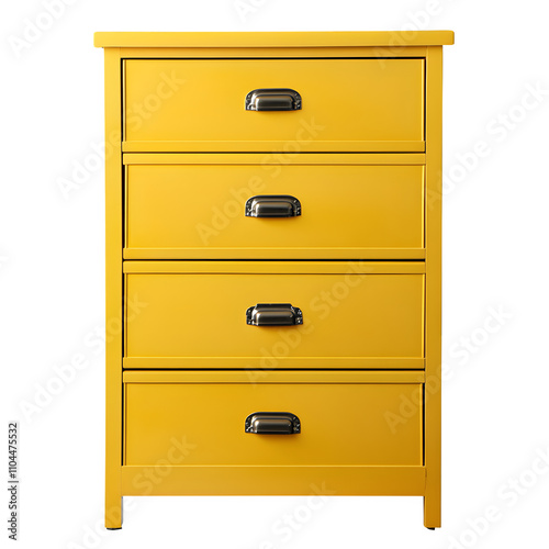 Contemporary yellow wooden dresser with four drawers and metal handles on a transparent background