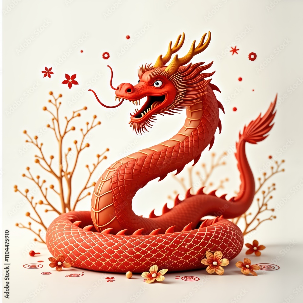 Obraz premium Red, gold dragon illustration for Chinese New Year. Dragon symbolises power, good fortune in Asian culture. Image isolated on white background. Design includes decorative floral elements. Suitable