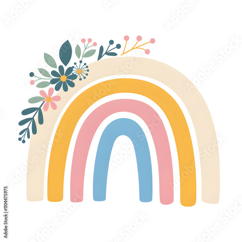 A vibrant rainbow with alternating colors of yellow, orange, pink, blue, and green. At the top of the rainbow, there's a decorative arrangement of leaves and flowers