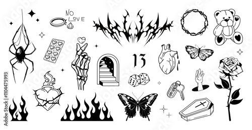 Teenage set of feelings, emotions, associations - goth and emo teenagers, retro set from the 90s and 00s. Stickers, flash tattoo, monochrome Y2K set. Depression and unrequited love. Vector Y2K tattoo