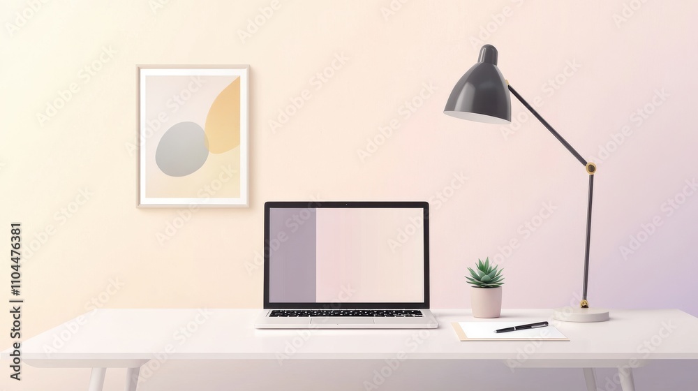 A minimalist workspace features a sleek laptop on a white desk, illuminated by a stylish lamp. A small plant adds a touch of nature, while abstract art decorates the soft, pastel wall. A minimalist workspace features a sleek laptop on a white desk, illuminated by a stylish lamp. A small plant adds a touch of nature, while abstract art decorates the soft, pastel wall.