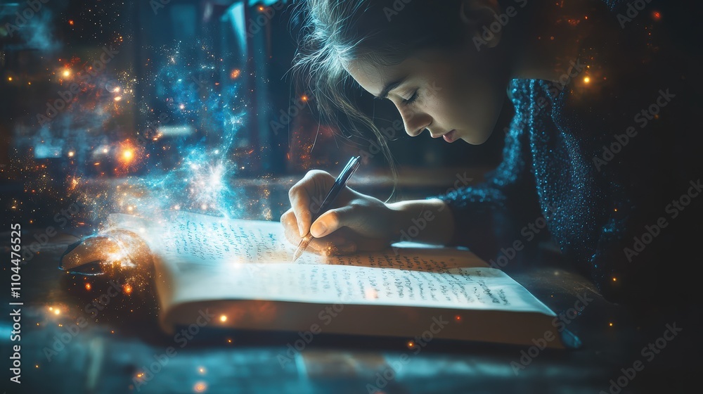 A young girl is deeply focused on writing in a large book, surrounded by a shimmering, cosmic glow. The setting is cozy and dimly lit, capturing a moment of creativity and imagination A young girl is deeply focused on writing in a large book, surrounded by a shimmering, cosmic glow. The setting is cozy and dimly lit, capturing a moment of creativity and imagination