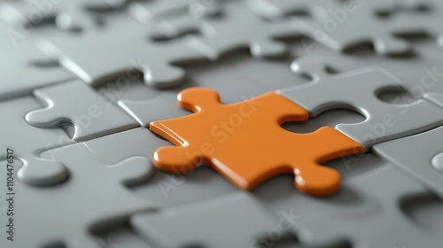 A single orange puzzle piece stands out among gray puzzle pieces, symbolizing uniqueness and individuality in a sea of conformity.