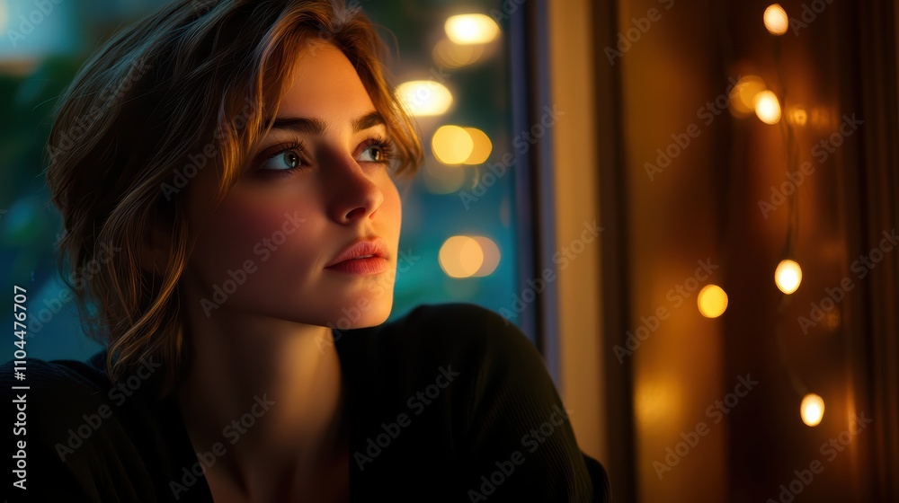 A young woman with a contemplative expression looks out the window, bathed in soft warm light from nearby string lights. The evening atmosphere creates a serene mood A young woman with a contemplative expression looks out the window, bathed in soft warm light from nearby string lights. The evening atmosphere creates a serene mood
