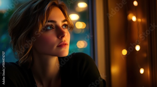 A young woman with a contemplative expression looks out the window, bathed in soft warm light from nearby string lights. The evening atmosphere creates a serene mood