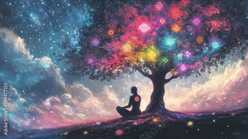 A person sits in meditation beneath a large, colorful tree adorned with luminous symbols. The vibrant sky is filled with stars, creating a serene and mystical atmosphere at dusk