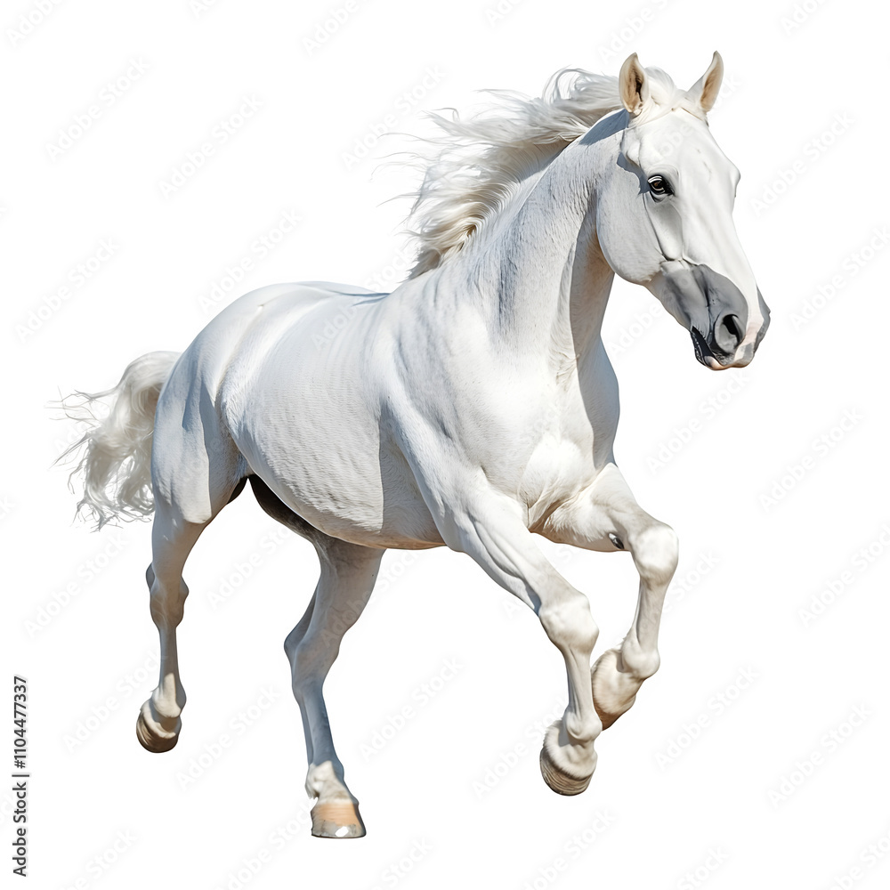 White horse running with flowing mane and tail on transparent background, ideal for easy integration into designs White horse running with flowing mane and tail on transparent background, ideal for easy integration into designs