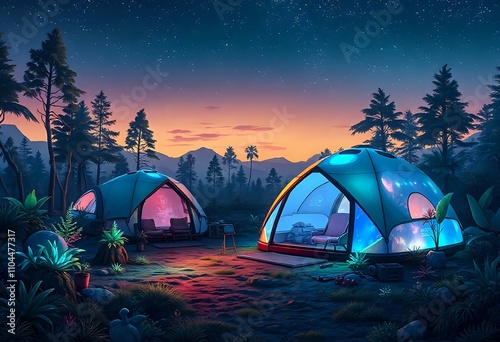 Futuristic Wilderness Camping at Sunset