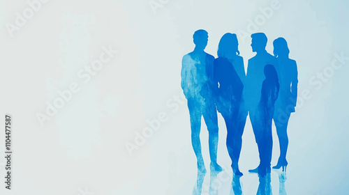 High tech digital technology and business team concept with a group of people in silhouette standing together, in blue colors, on a white background, with space for text vector illustration.