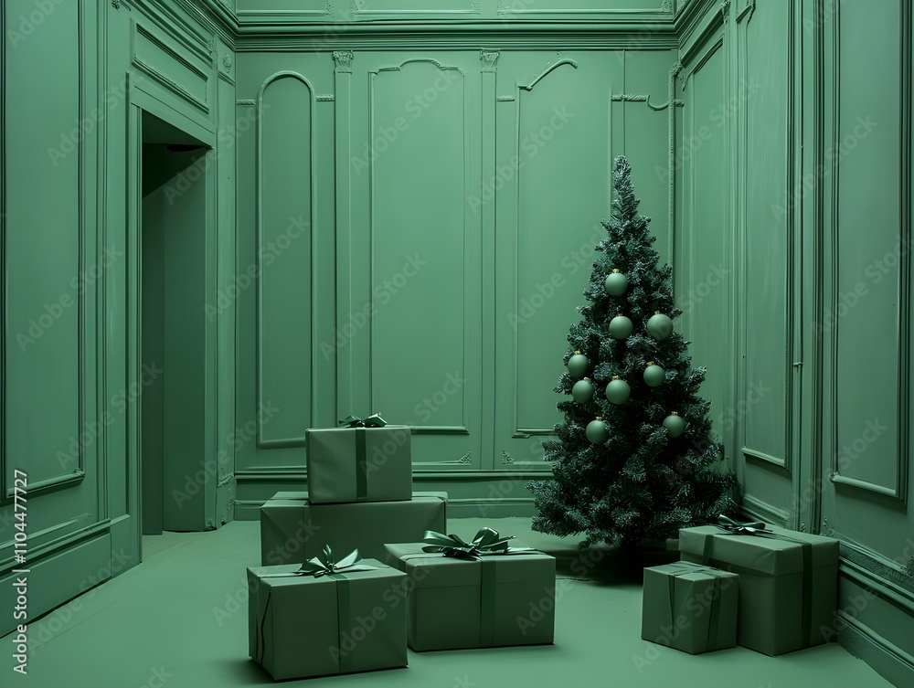 Fototapeta premium Green Christmas Scene with Gifts and Tree
