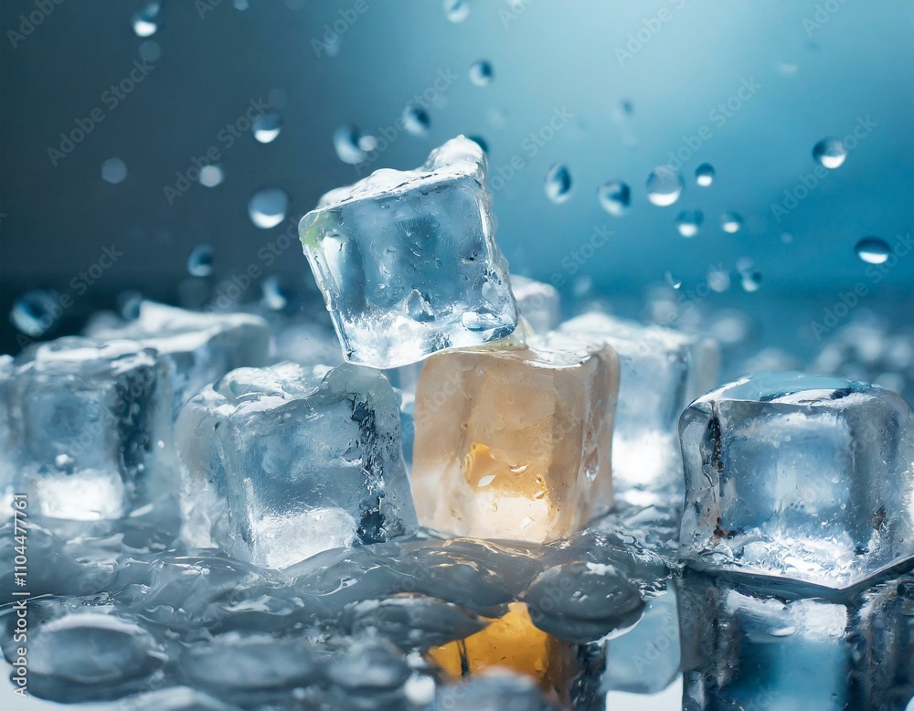 Ice cubes and water melt on cool background. Ice blocks with cold drinks or beverage. Ice cubes and water melt on cool background. Ice blocks with cold drinks or beverage.
