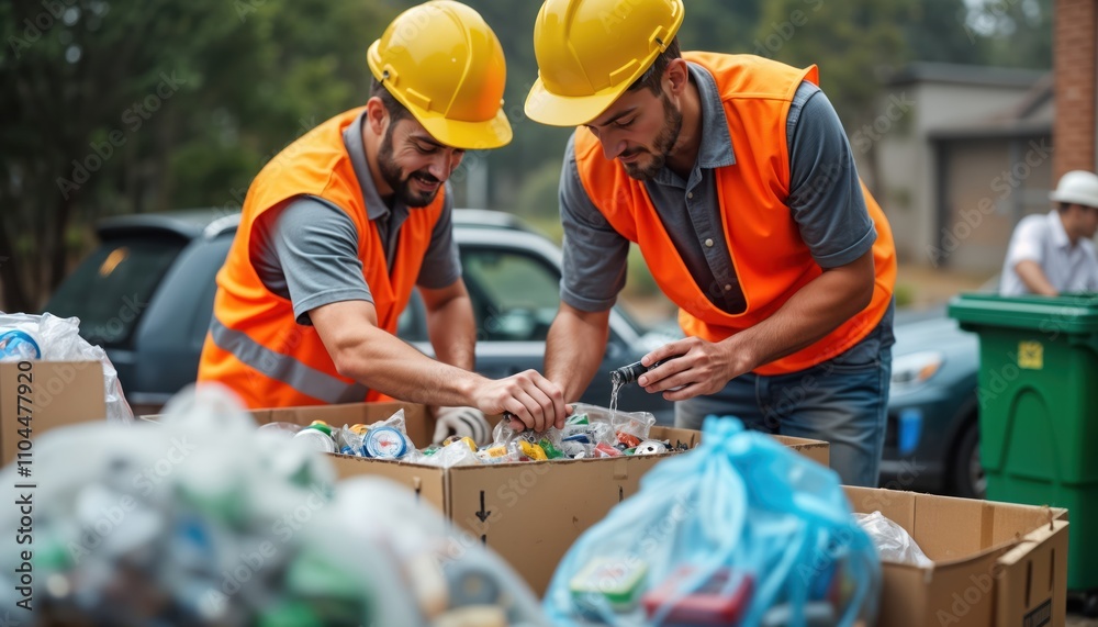 Two men in orange vests sort recyclable materials in cardboard boxes. Wearing yellow hard hats. Community recycling project happening outdoors near cars. Volunteers collaborate to sort waste.
