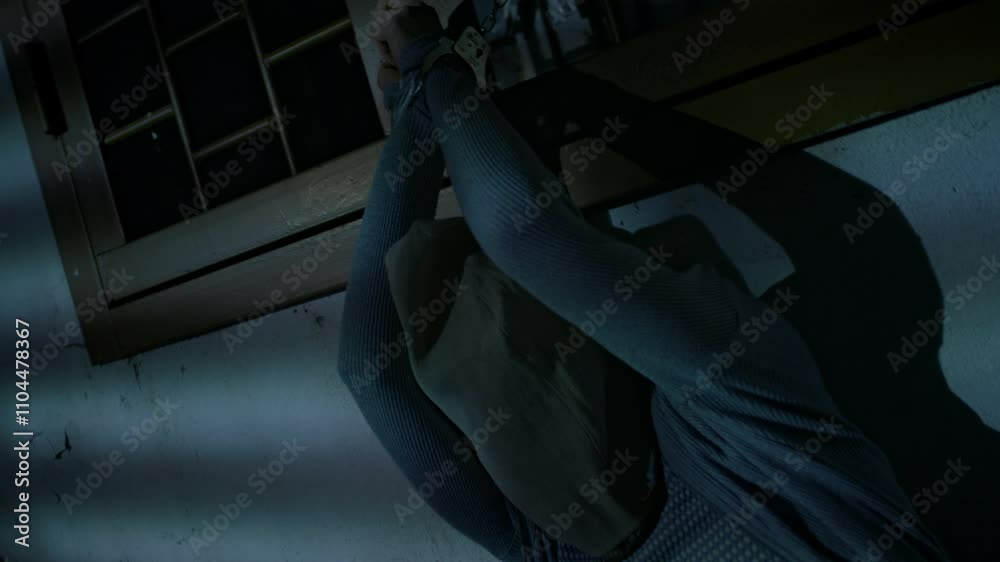 Lowkey handheld shot of scared unrecognizable female hostage with bag on head being handcuffed to window grate and kept in dark abandoned basement, human abduction and torturing