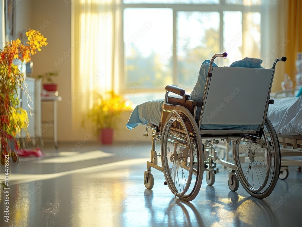 Wheelchair by hospital bed, ready for patient, bright room Wheelchair by hospital bed, ready for patient, bright room
