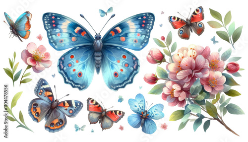 butterflies and flowers watercolor clipart on transparent background