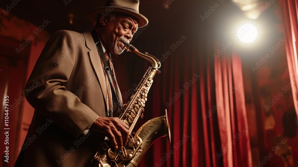 Naklejka premium A jazz musician plays the saxophone passionately on stage, enveloped in warm light against rich red curtains. The atmosphere bursts with rhythm, artistry, and a timeless musical celebration.