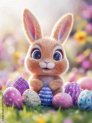 A cartoon rabbit is sitting on a field of Easter eggs