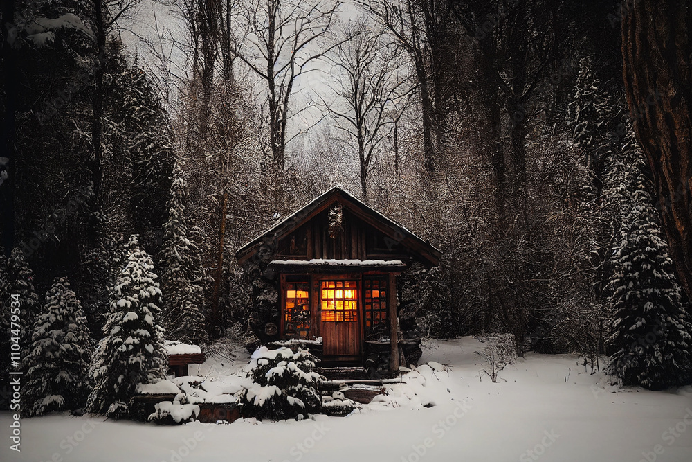 cozy rustic winter cabin in snowy forest 3d illustration