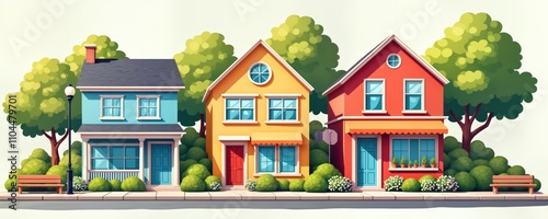 Wallpaper Mural Colorful houses stand along city street. Plants surrounds houses. Flowerbeds add vibrant pops of color. Town street with residential houses with awnings. Quiet residential street on sunny day. Ideal Torontodigital.ca