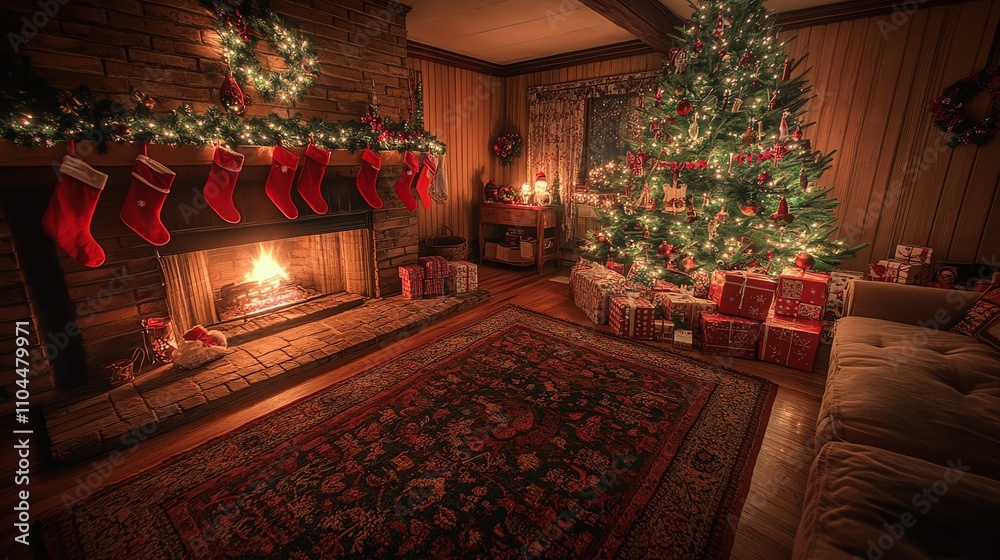 Cozy Christmas scene. Warm firelight illuminates a rustic living room, Christmas tree, presents, and stockings hung by the fireplace. Cozy Christmas scene. Warm firelight illuminates a rustic living room, Christmas tree, presents, and stockings hung by the fireplace.