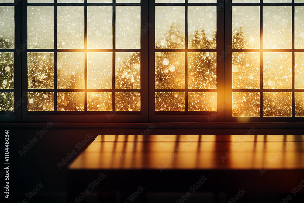 wooden table and Christmas lights in background wooden table and Christmas lights in background