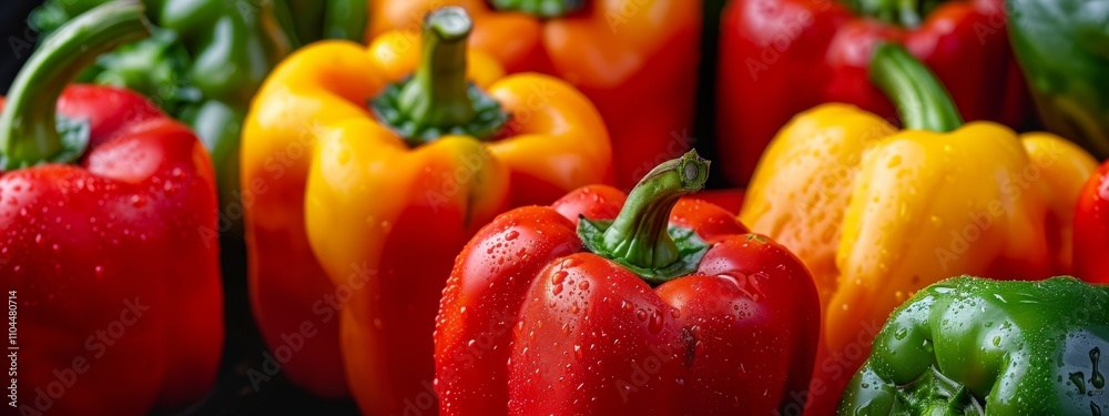 Fresh bell peppers with dewdrops in vibrant colors Fresh bell peppers with dewdrops in vibrant colors
