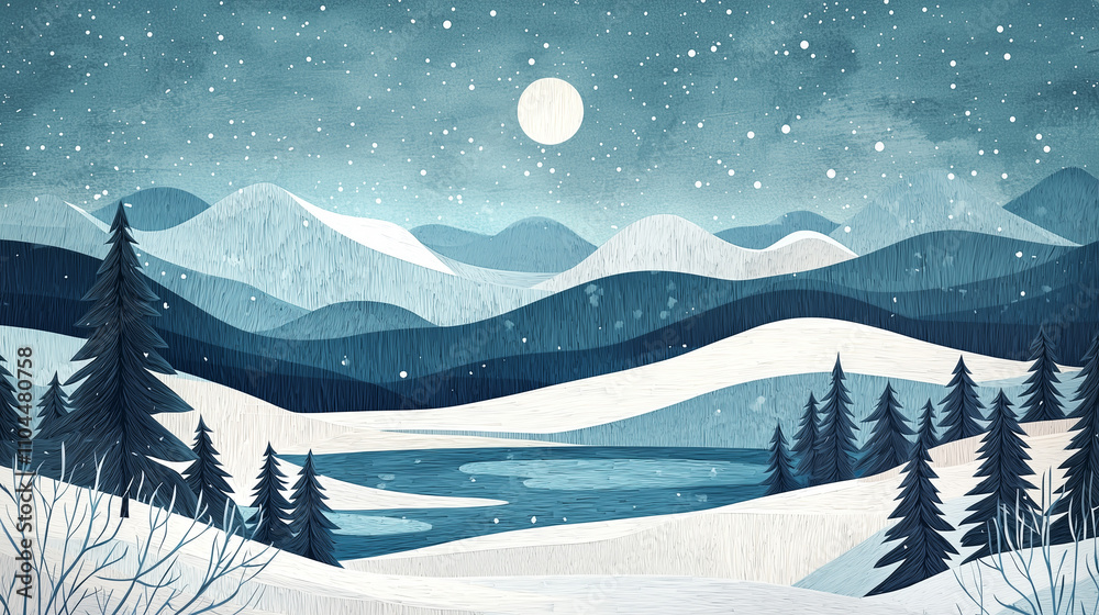 Fototapeta premium Illustration minimaliste en papier découpé d'un paisible paysage d'hiver