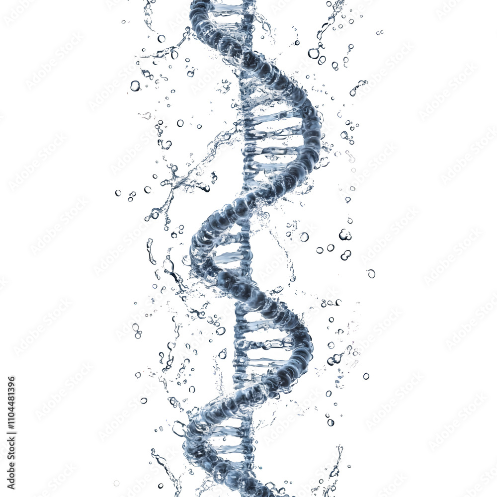 Vertical dna strand made of water with splashing droplets on transparent background, ideal for science and medical concepts Vertical dna strand made of water with splashing droplets on transparent background, ideal for science and medical concepts