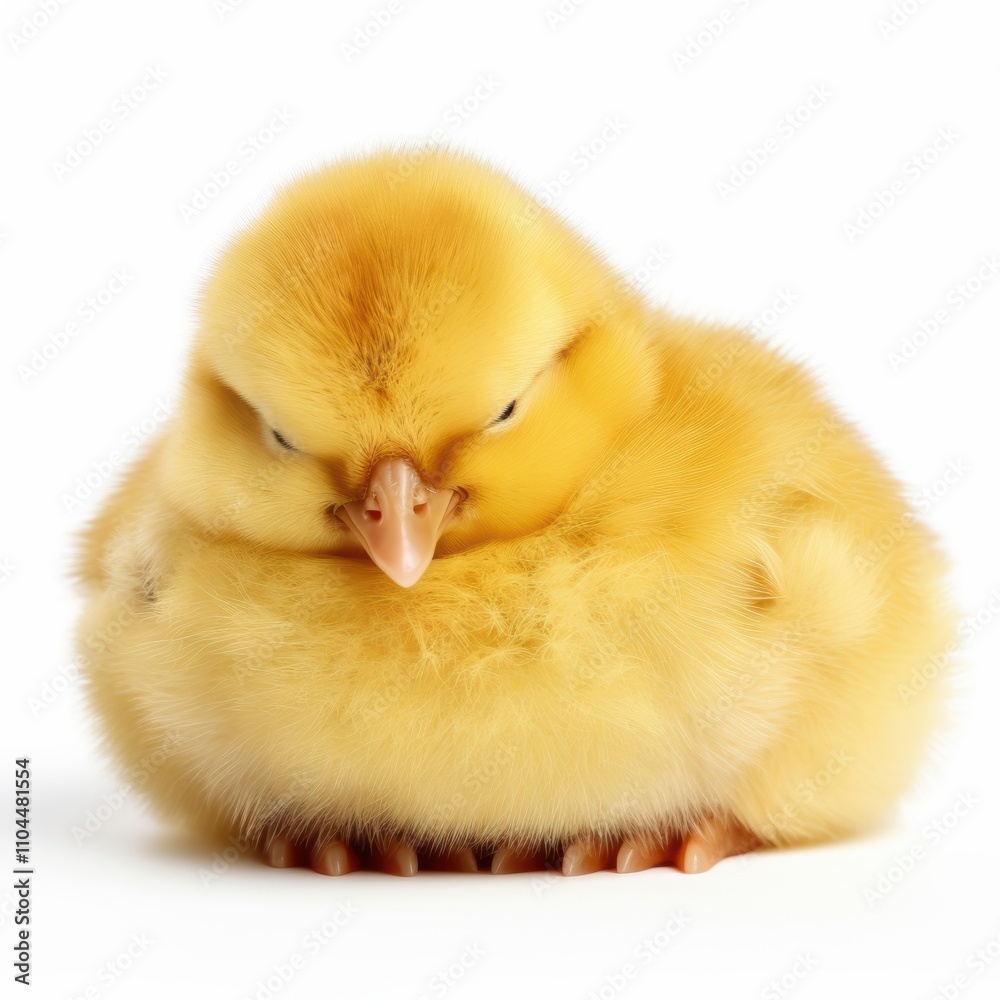 A cute, fluffy yellow chick resting peacefully with its eyes closed. A cute, fluffy yellow chick resting peacefully with its eyes closed.