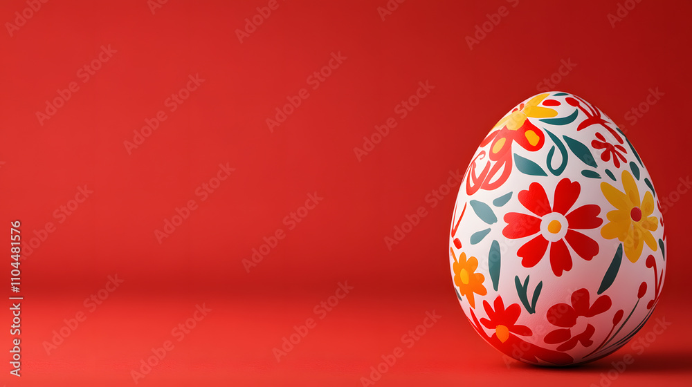 Decorative Floral Egg Stands out Against a Vibrant Red Backdrop in Spring Celebration Decorative Floral Egg Stands out Against a Vibrant Red Backdrop in Spring Celebration