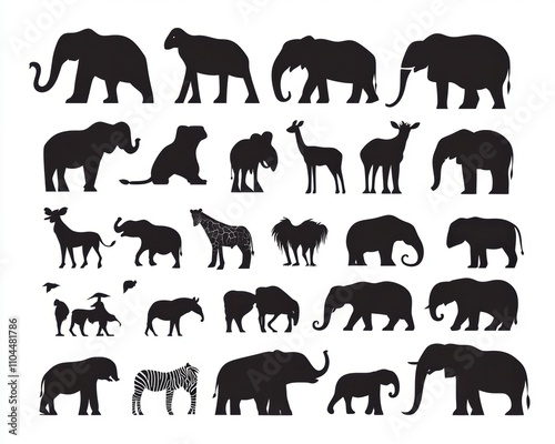 Silhouettes of various animals including elephants, giraffes, and zebras in a striking black and white design. photo