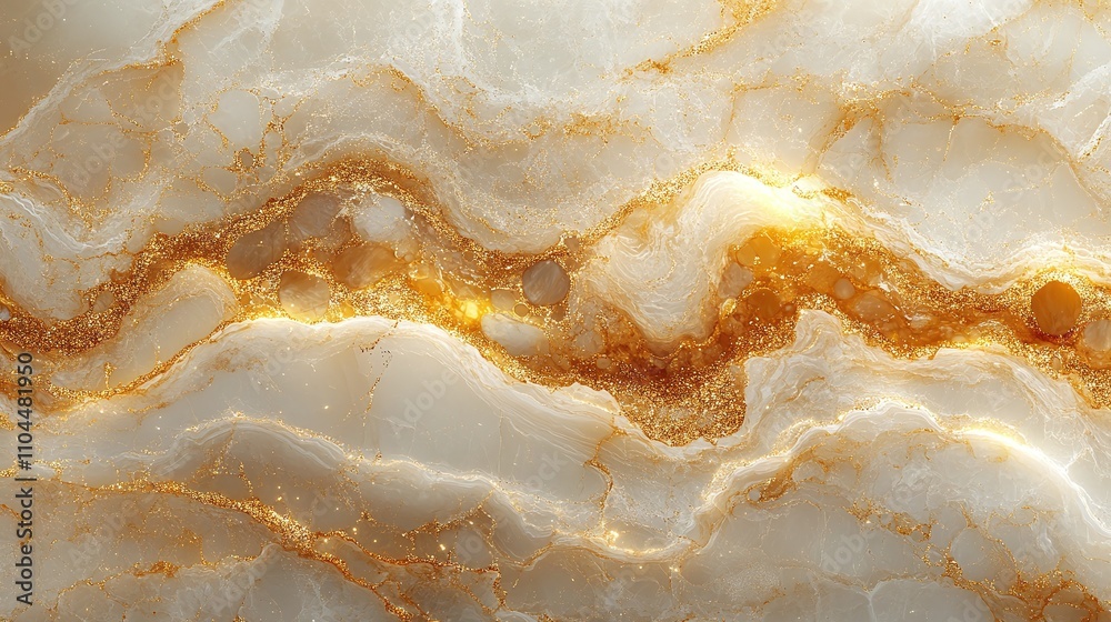 Obraz premium Golden and white marble, abstract luxury texture, artistic glowing waves, elegant polished surface, dramatic aesthetic, fluid design, perfect for upscale decor