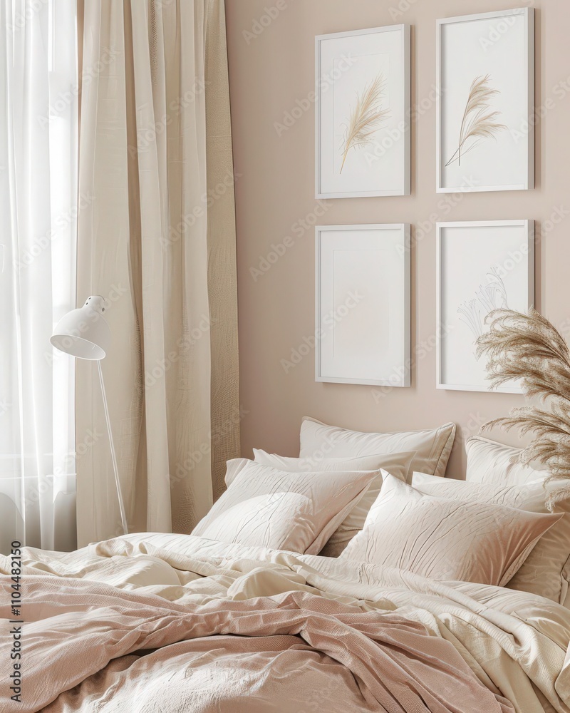 Fototapeta premium Minimalist bedroom interior with a beige wall. white bed linens and a window with a sheer curtain There are four empty frames above the bed
