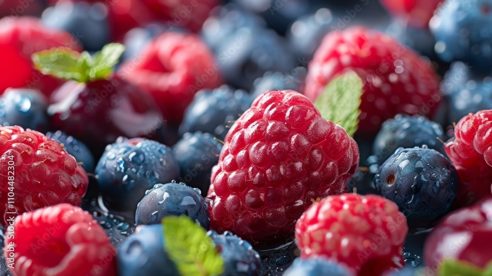 Close-up of fresh raspberries and blueberries with dew Close-up of fresh raspberries and blueberries with dew