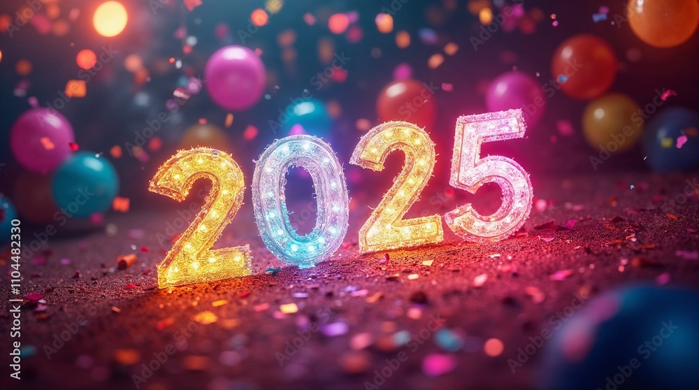 Glittery 2025 text with colorful confetti Glittery 2025 text with colorful confetti