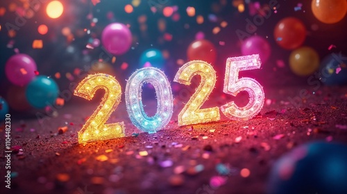 Glittery 2025 text with colorful confetti