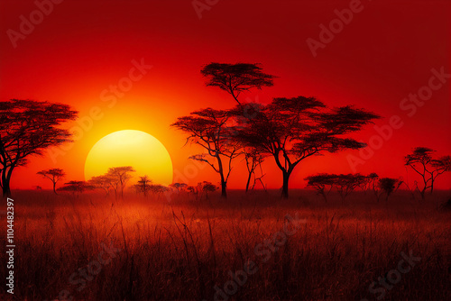 amazing red  sunset in the savannah