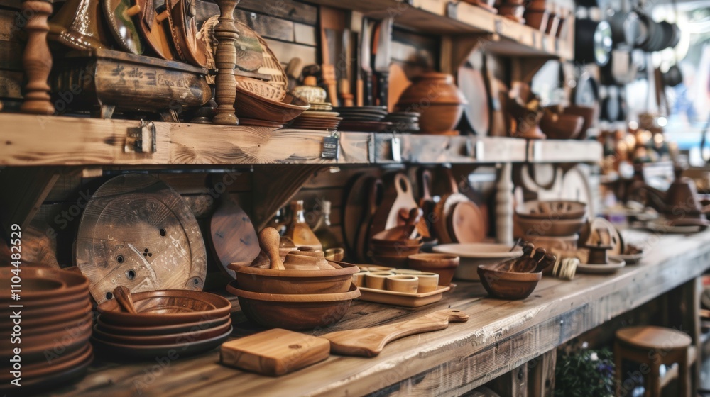 Rustic kitchenware on a wooden shelf in warm tones Rustic kitchenware on a wooden shelf in warm tones