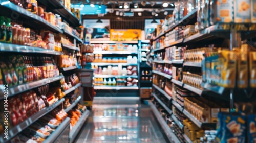 Blurred grocery store aisle with various products on shelves